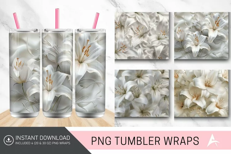 3D White Lilies Flowers Tumbler Wrap
