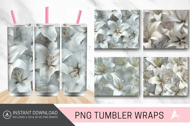 3D White Lilies Flowers Tumbler Wrap