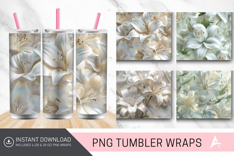 3D White Lilies Flowers Tumbler Wrap example image 1