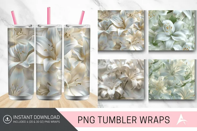 3D White Lilies Flowers Tumbler Wrap