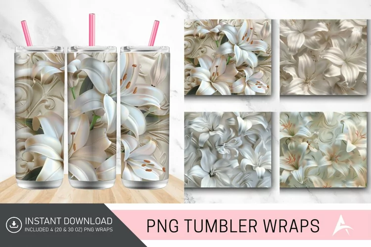 3D White Lilies Flowers Tumbler Wrap