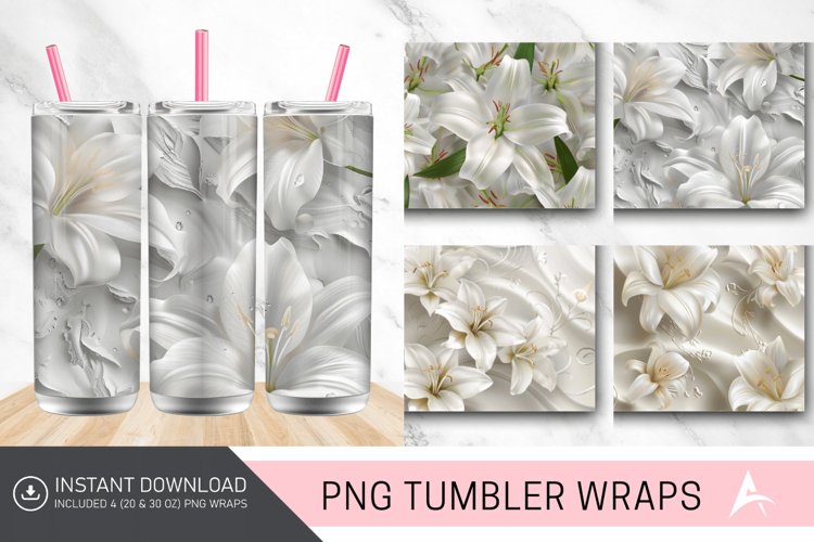 3D White Lilies Flowers Tumbler Wrap example image 1