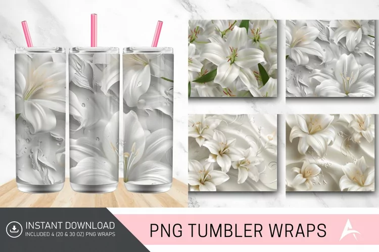 3D White Lilies Flowers Tumbler Wrap