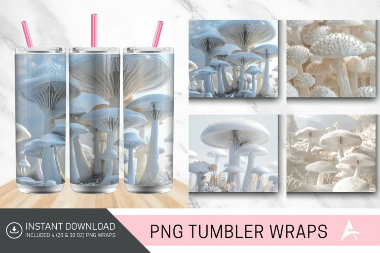 3D White Mushrooms Tumbler Wrap