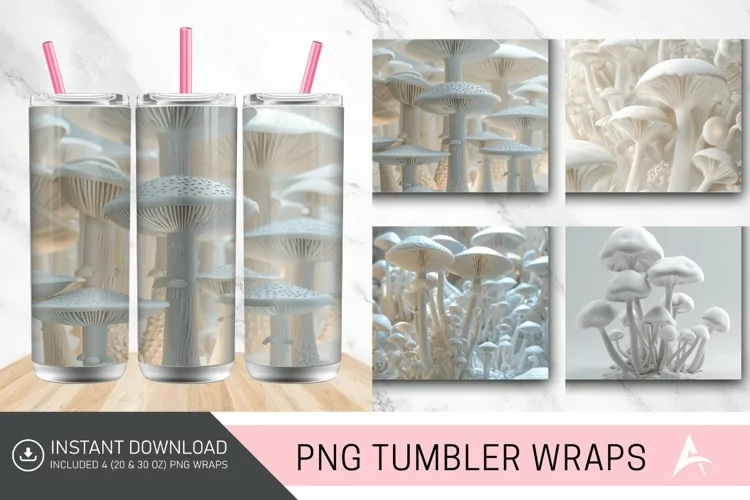 3D White Mushrooms Tumbler Wrap