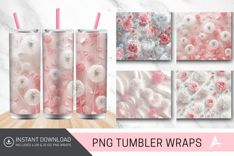 3D White Pink Dandelions Flowers Tumbler Wrap