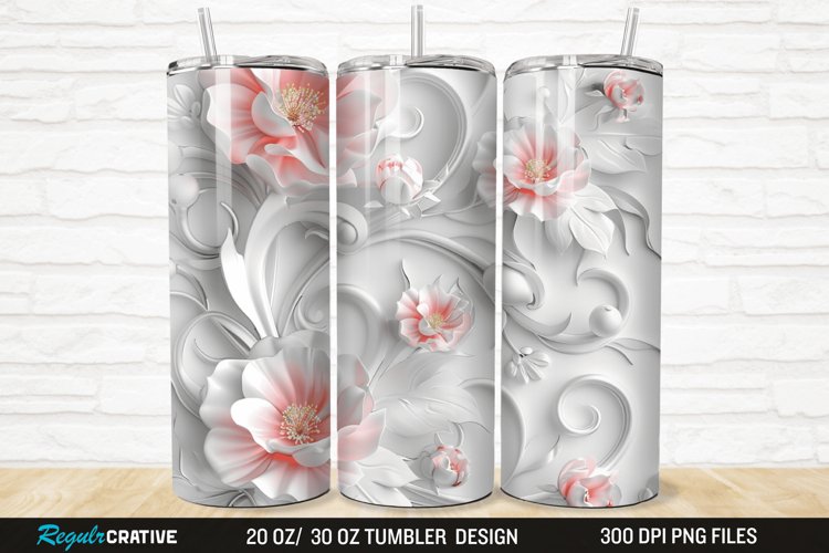 3D White Pink Floral 20/30oz Skinny Tumbler example image 1
