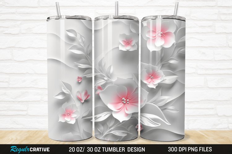 3D White Pink Floral 20/30oz Skinny Tumbler example image 1