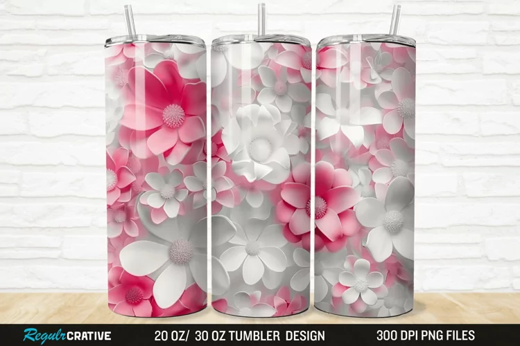 3D White Pink Floral 20/30oz Skinny Tumbler