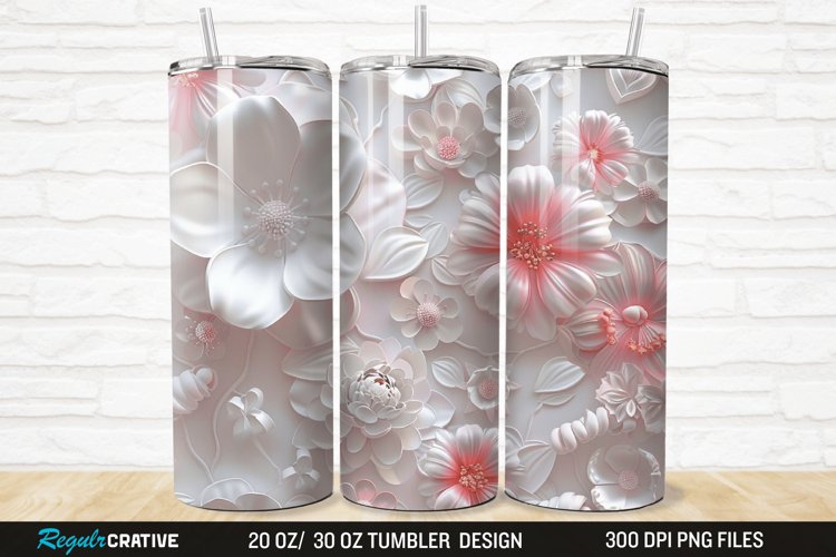 3D White Pink Floral 20/30oz Skinny Tumbler example image 1
