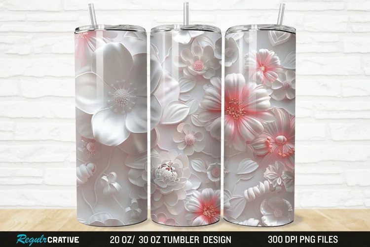 3D White Pink Floral 20/30oz Skinny Tumbler
