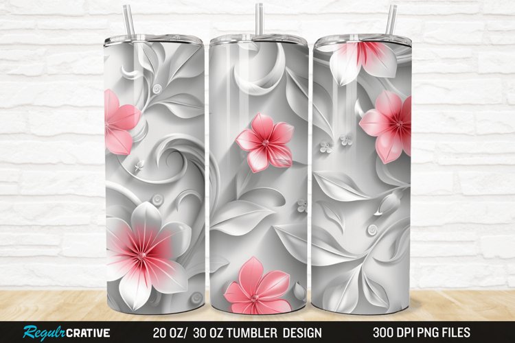 3D White Pink Floral 20/30oz Skinny Tumbler example image 1