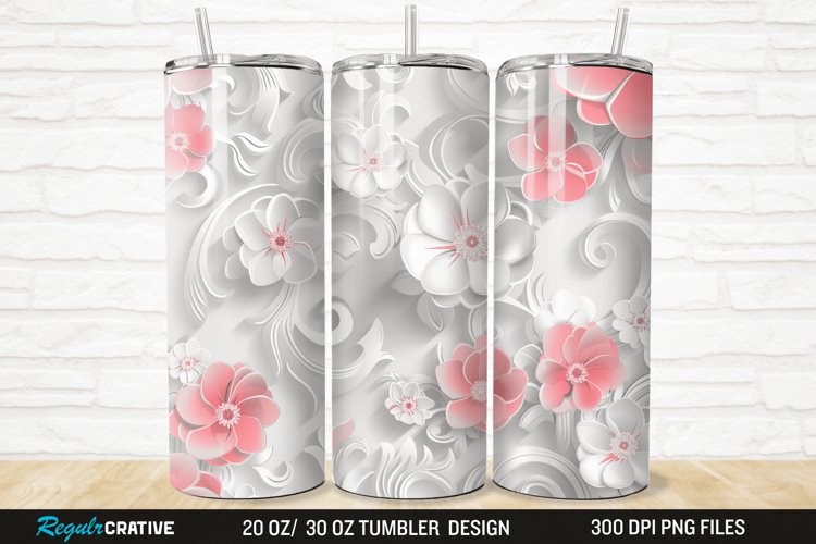 3D White Pink Floral 20/30oz Skinny Tumbler example image 1