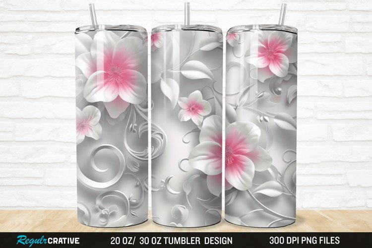 3D White Pink Floral 20/30oz Skinny Tumbler example image 1