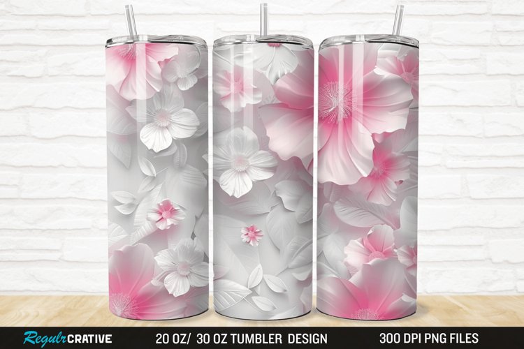 3D White Pink Floral 20/30oz Skinny Tumbler example image 1