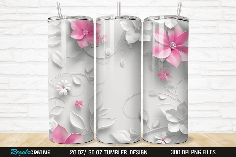 3D White Pink Floral 20/30oz Skinny Tumbler example image 1