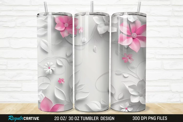3D White Pink Floral 20/30oz Skinny Tumbler