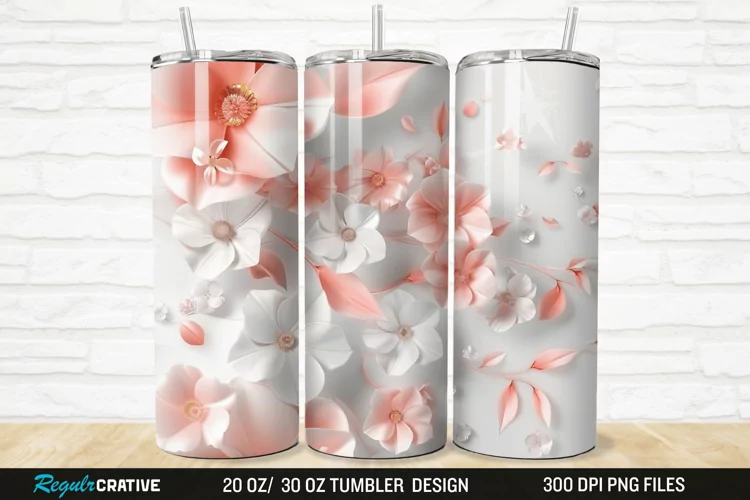 3D White Pink Floral 20/30oz Skinny Tumbler
