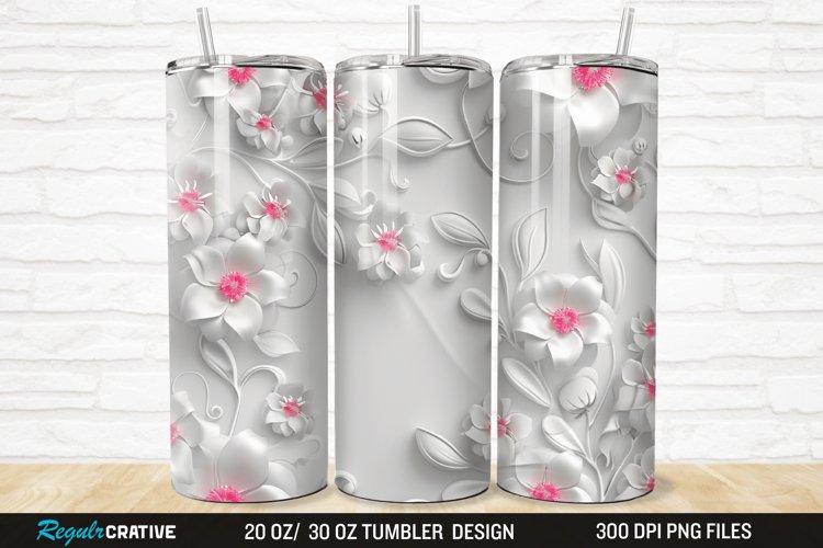 3D White Pink Floral 20/30oz Skinny Tumbler example image 1