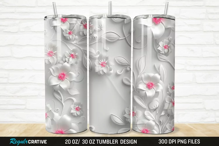 3D White Pink Floral 20/30oz Skinny Tumbler