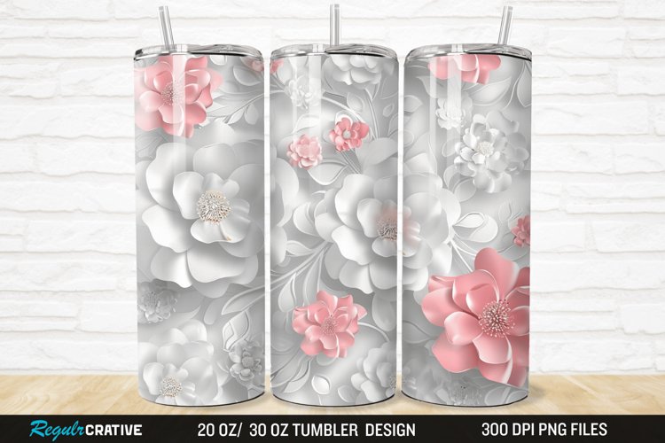 3D White Pink Floral 20/30oz Skinny Tumbler example image 1