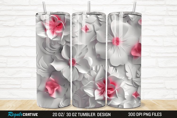 3D White Pink Floral 20/30oz Skinny Tumbler example image 1
