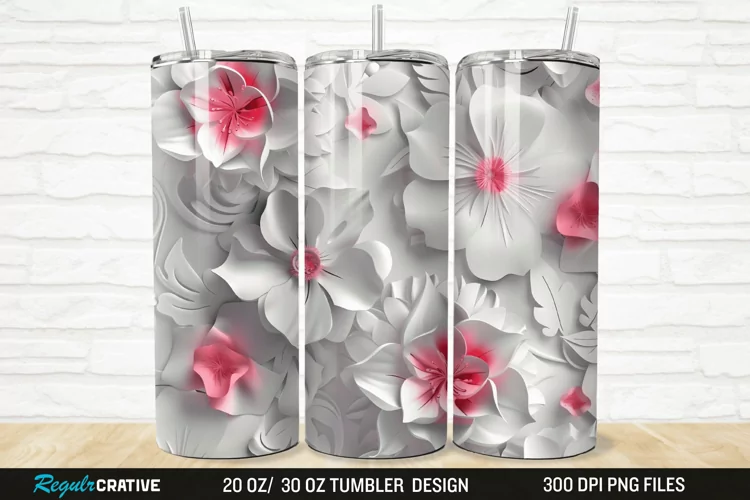 3D White Pink Floral 20/30oz Skinny Tumbler
