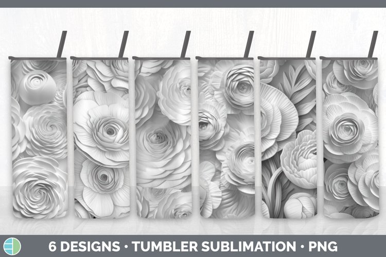 3D White Ranunculus Flowers 3D Sublimation Tumbler Wrap