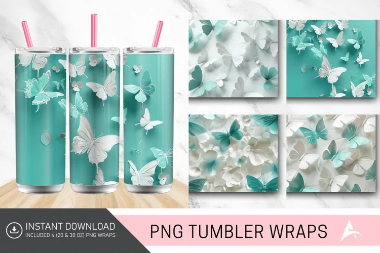 3D White Teal Butterflies Tumbler Wrap