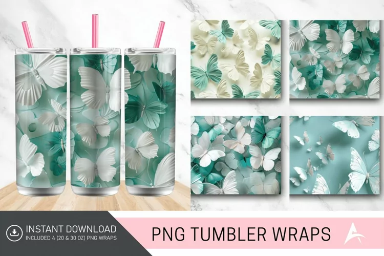 3D White Teal Butterflies Tumbler Wrap