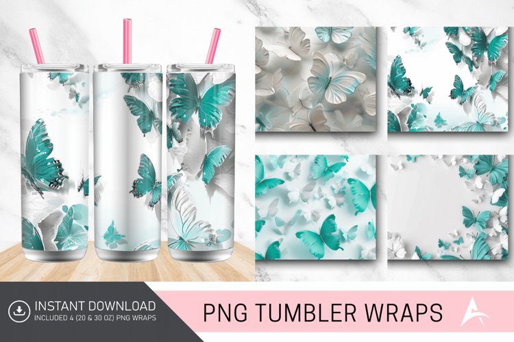 3D White Teal Butterflies Tumbler Wrap example image 1