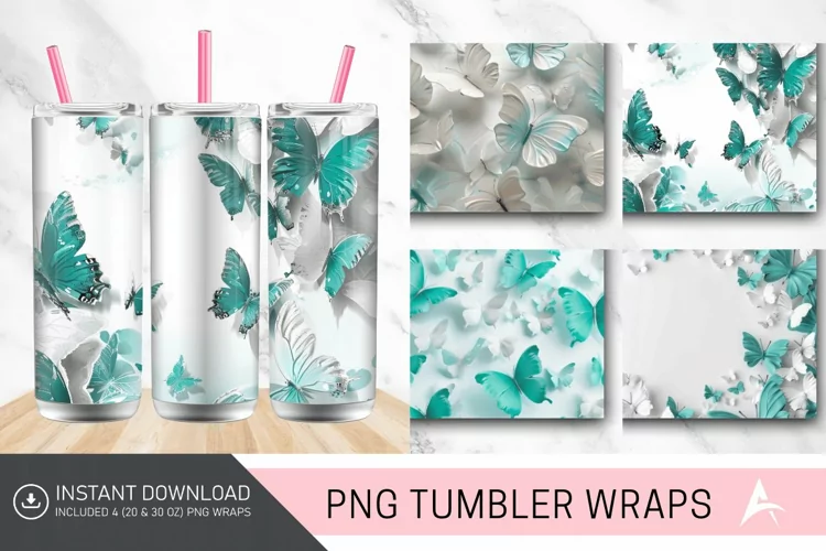 3D White Teal Butterflies Tumbler Wrap