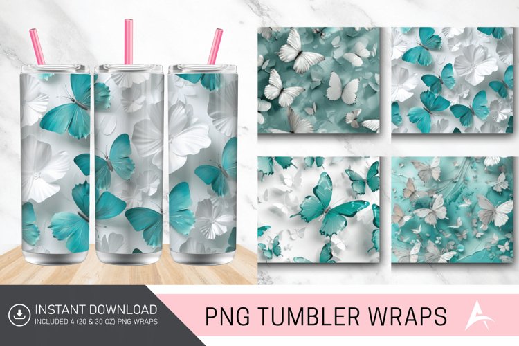3D White Teal Butterflies Tumbler Wrap example image 1
