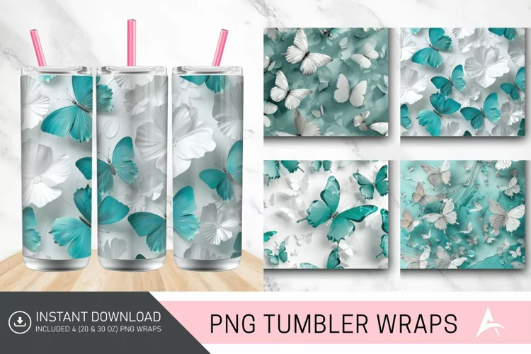 3D White Teal Butterflies Tumbler Wrap