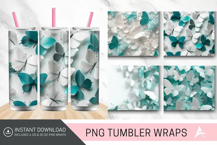3D White Teal Butterflies Tumbler Wrap