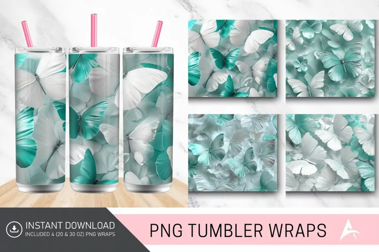 3D White Teal Butterflies Tumbler Wrap