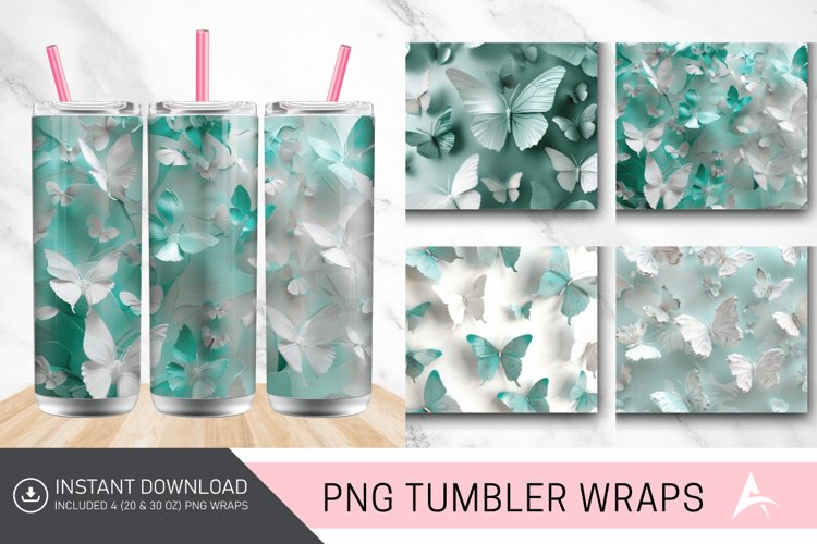 3D White Teal Butterflies Tumbler Wrap example image 1