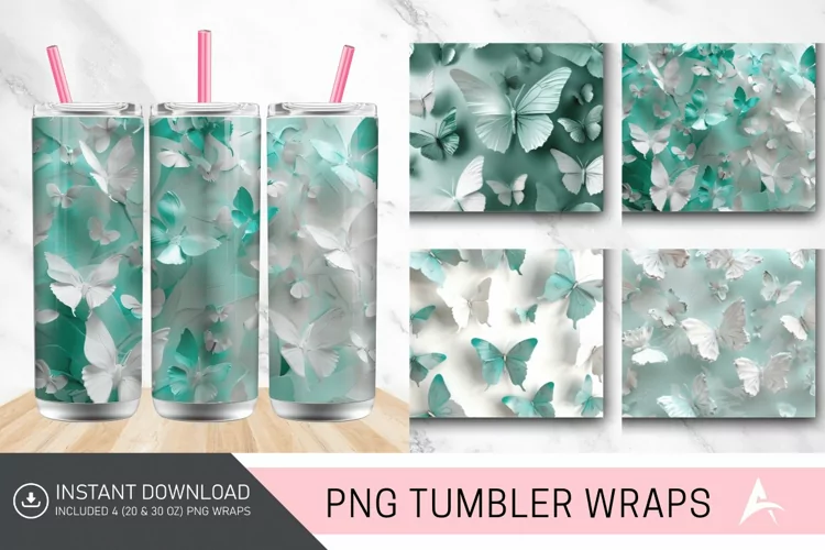 3D White Teal Butterflies Tumbler Wrap