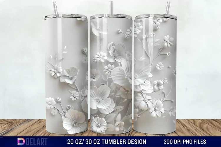 3D White Wild Flowers Bouquet Tumbler Wrap