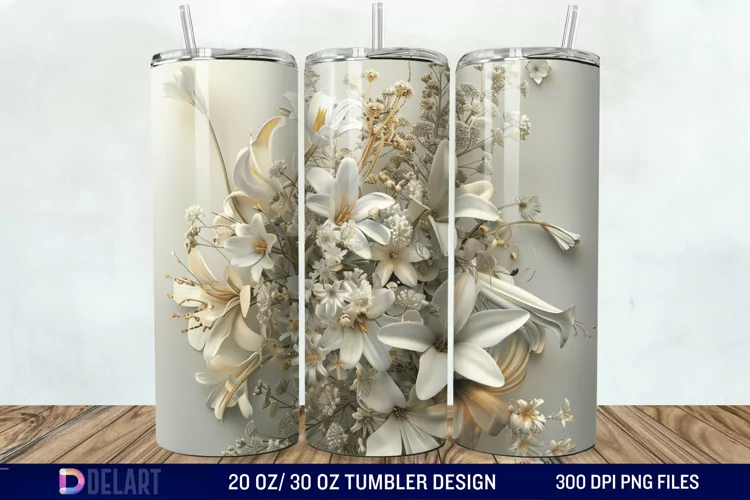 3D White Wild Flowers Bouquet Tumbler Wrap