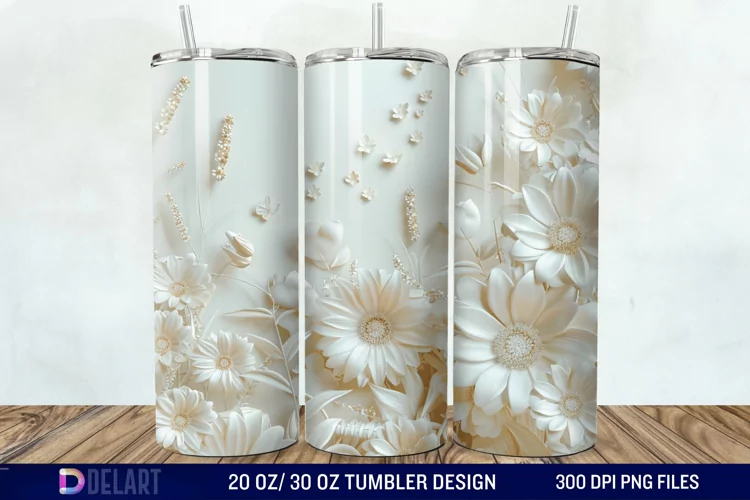 3D White Wild Flowers Bouquet Tumbler Wrap