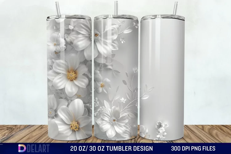 3D White Wild Flowers Bouquet Tumbler Wrap