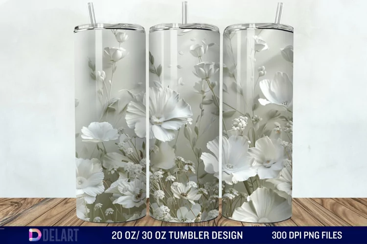 3D White Wild Flowers Bouquet Tumbler Wrap