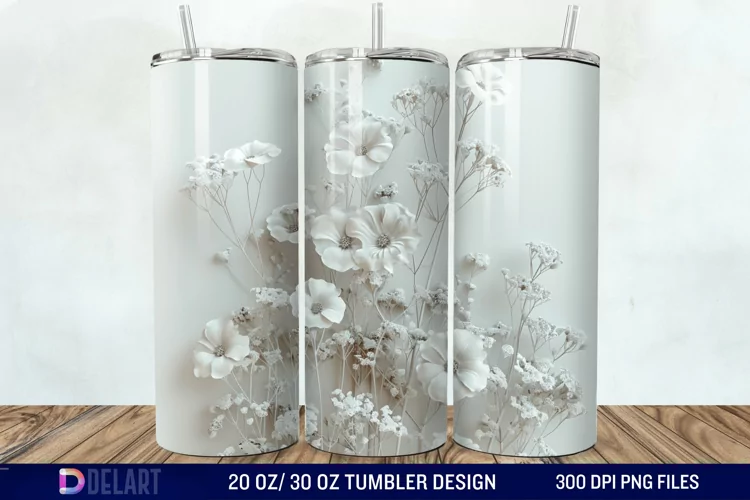 3D White Wild Flowers Bouquet Tumbler Wrap