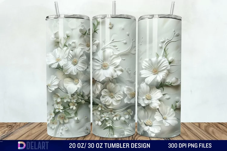 3D White Wild Flowers Bouquet Tumbler Wrap