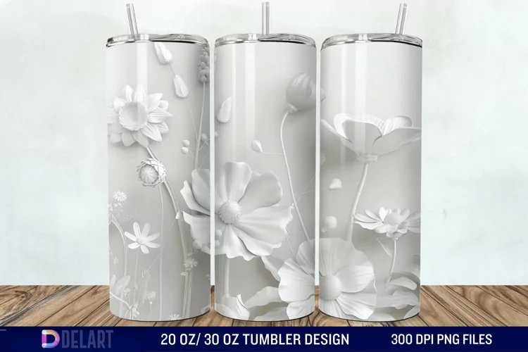 3D White Wild Flowers Bouquet Tumbler Wrap