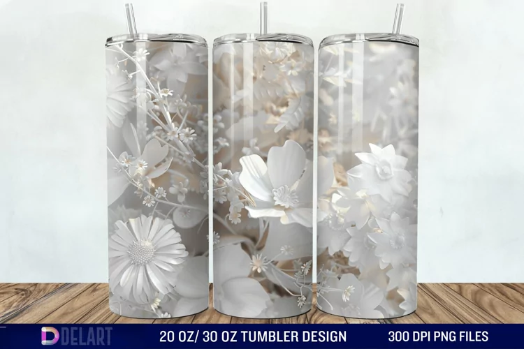 3D White Wild Flowers Bouquet Tumbler Wrap