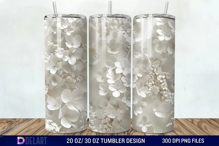 3D White Wild Flowers Bouquet Tumbler Wrap
