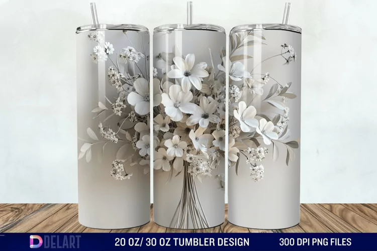 3D White Wild Flowers Bouquet Tumbler Wrap