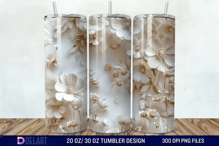 3D White Wild Flowers Bouquet Tumbler Wrap